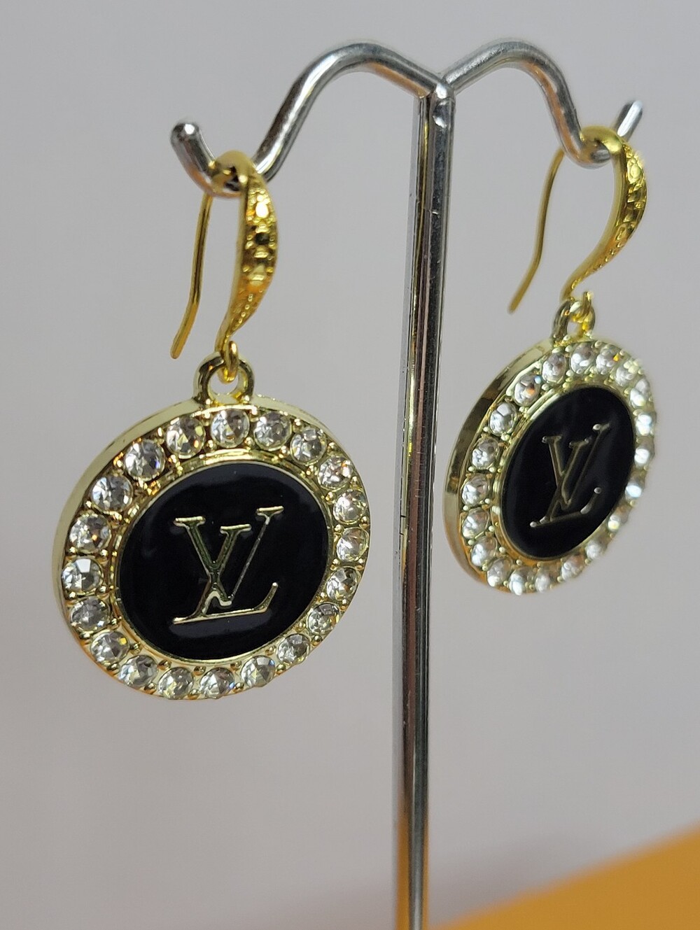 Gold and Black Crystal Halo Round Drop Earrings